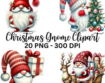 May include: A set of 20 digital clipart images featuring Christmas gnomes in various poses. The gnomes are wearing red and white hats, and some are holding gifts or riding a sleigh pulled by a reindeer.