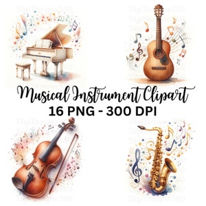 Clipart d'instruments de musique artistique - fichiers numériques de Style aquarelle pour la fabrication de cartes, le scrapbooking et les invitations