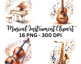 Artistieke muziekinstrumenten clipart-aquarel stijl digitale bestanden voor het maken van kaarten, scrapbooking en uitnodigingen