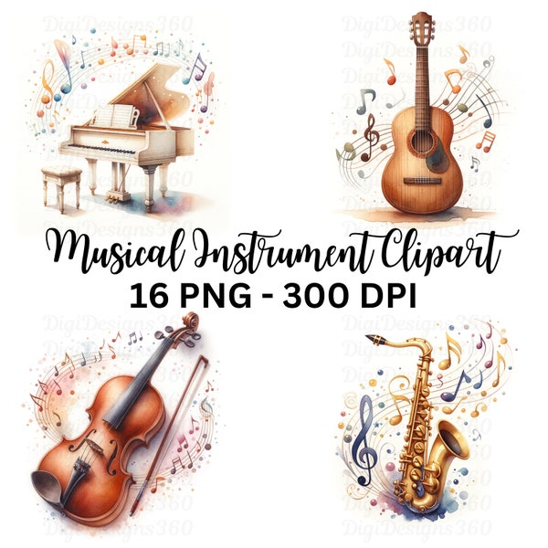 Artistic Musical Instruments Clipart - Watercolor Style Digital Files for Card Making, Scrapbooking, and Invitations