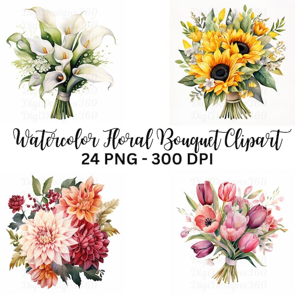 Charming Wedding Clipart: Watercolor Floral Bouquet, Romantic Bride, Instant Download, DIY Invites