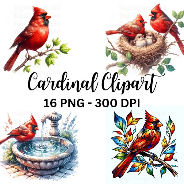 Cardinal Clipart - Watercolor Bird Graphics for Scrapbooking, Invitations and DIY Crafts, Commercial Use