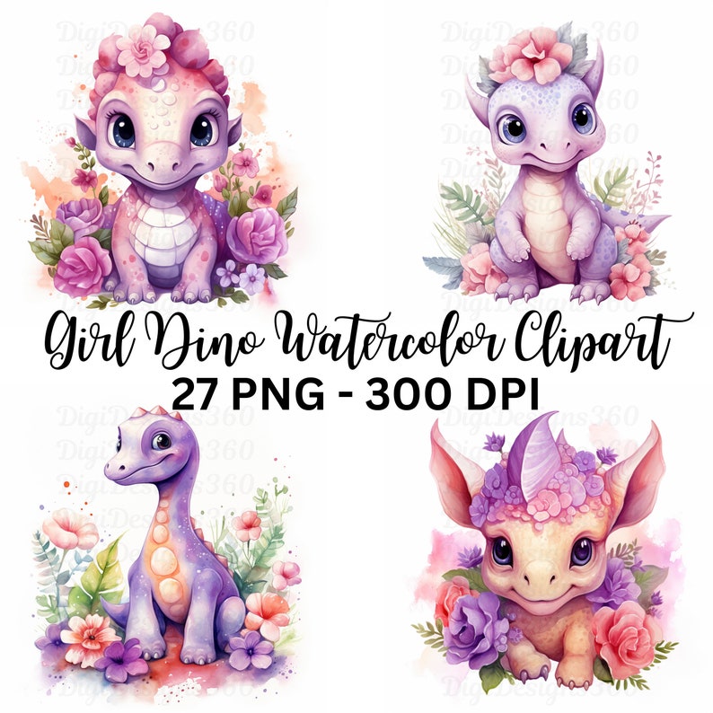 Watercolor Dinosaur Clipart – Baby Dino PNG Graphics (digital Download ...