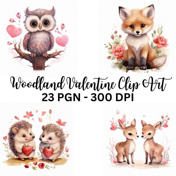 Whimsical Woodland Valentines Clipart: Delightful animal illustrations in watercolor, ideal for creating heartfelt greetings and crafts