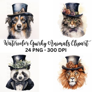 Funny Animal Clipart - Watercolor Quirky Animals with Tophats, Whimsical Digital Art for Crafting