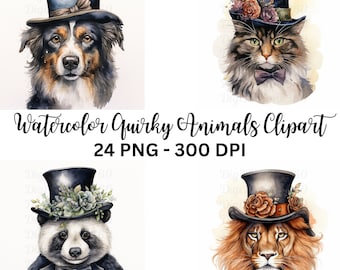 Funny Animal Clipart - Watercolor Quirky Animals with Tophats, Whimsical Digital Art for Crafting