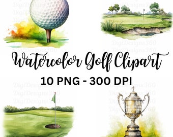 Colección de imágenes prediseñadas de golf en acuarela: gráficos vibrantes, ideales para manualidades y decoración de eventos DIY, uso comercial