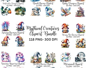 Watercolor Mythical Creatures Clipart Bundle: Dragons, Unicorns, Gnomes (118 PNG) Commercial Use