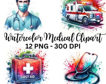 Watercolor Medical Clipart: Doctor, Nurse, First Aid (12 PNG)
