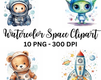 Immagini clipart spaziali, pianeti ad acquerello, astronauti (download digitale)