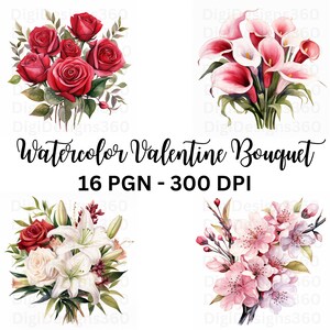 Clipart romântico de buquê de namorados em aquarela - elementos florais para scrapbooking, convites e artesanato - download instantâneo