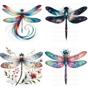 Op de afbeelding: Vier aquarel illustraties van libellen met verschillende ontwerpen. De eerste libel heeft een blauw en rood lichaam met een lange, vloeiende staart. De tweede libel heeft een galaxy-ontwerp op zijn vleugels. De derde libel heeft een bloemenontwerp op zijn vleugels. De vierde libel heeft een mandala-ontwerp op zijn vleugels.