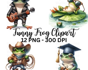 Funny Frog Clipart - Whimsical Watercolor Frogs, Ideal for Scrapbooking, DIY Invitations & and Creative Projects