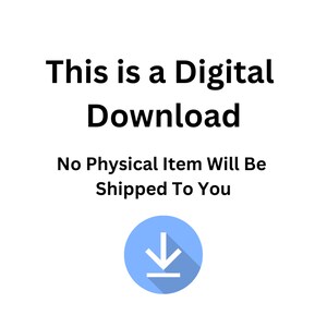 Op de afbeelding: Dit is een digitale download. Er wordt geen fysiek item naar je verzonden. Een blauwe cirkel met een witte pijl naar beneden en een witte lijn onder de pijl.