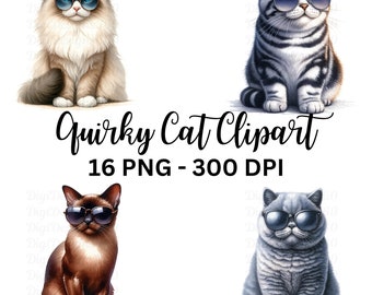 Watercolor Funny Cat Clipart Bundle – 16 PNG Images (Digital Download)