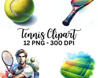 Watercolor Tennis Clipart Set – 12 PNG Designs (Commercial Use)