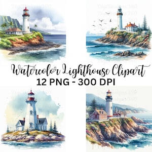 Coastal Lighthouse Clipart - Watercolor Seaside Graphics, Ideal for DIY Invitations & Home Decor,
