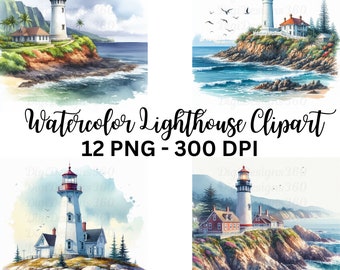 Coastal Lighthouse Clipart - Watercolor Seaside Graphics, Ideal for DIY Invitations & Home Decor,
