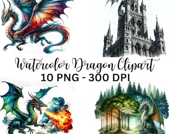Watercolor Dragon Clipart: Fantasy Art, Scrapbooking (10 PNG)