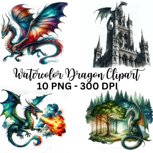 Mythical Clipart: Vibrant Watercolor Dragons - Perfect for Scrapbooking, Journaling, Invitations, and Fantasy Art