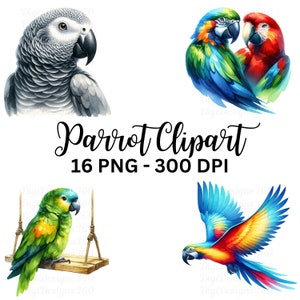 Parrot Clipart - Vibrant Watercolor Tropical Birds, Digital Download for DIY Crafts, Commercial Use