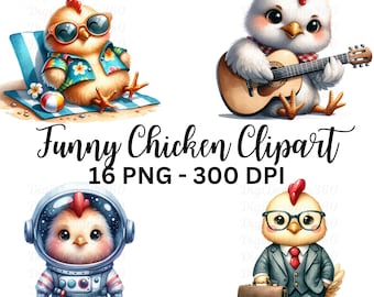 Funny Chicken Watercolor Clipart – Farm Animal PNG Graphics