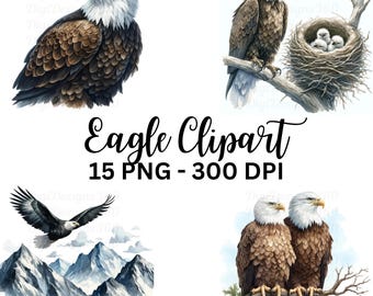 Watercolor Eagle Clipart – 15 PNG Graphics, DIY Projects (Digital Download)