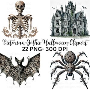 Halloween Graphics - Spooky Victorian Gothic Clipart for Festive Crafts & Decorations, Bat, Graveyard, Haunted House, Black Cat, Spider web