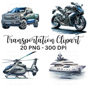 Affascinante collezione di clipart di trasporto - Grafica per veicoli ad acquerello, utile per l'artigianato fai-da-te e decorazioni per feste, uso commerciale