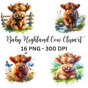 Highland Cattle Clipart - Watercolor Baby Highland Cows, Digital Download for Nursery Decor & Baby Shower Gifts