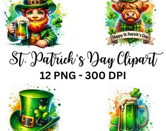 Aquarel St. Patrick's Day-clipart – Leprechaun & Shamrock, png (digitale download)