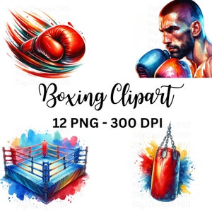 Conjunto de imágenes prediseñadas de boxeo, gráficos deportivos de acuarela, perfecto para álbumes de recortes y proyectos de bricolaje, uso comercial
