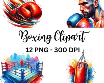 May include: A set of 12 boxing themed digital clipart images. The images include a boxer with boxing gloves, a boxing ring, and a punching bag. The images are in a watercolor style with splashes of color.