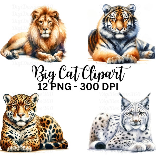 Majestic Big Cat Clipart Collection - Watercolor Jungle Felines, Perfect for Scrapbooking & DIY Crafting, Commercial Use