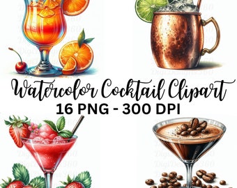 Aquarell Cocktail Clipart: 16 PNG Drink Grafiken (300 DPI)