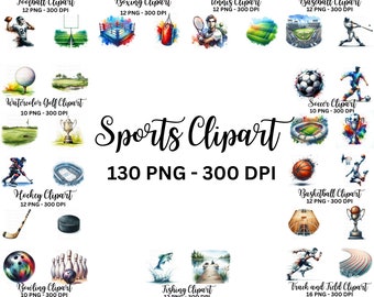 Watercolor Sports Clipart Bundle, 130 PNG Graphics (Digital Download)