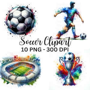 Pacote de clipart de futebol em estilo aquarela - gráficos de futebol de alta qualidade, download digital para artesanato esportivo, uso comercial