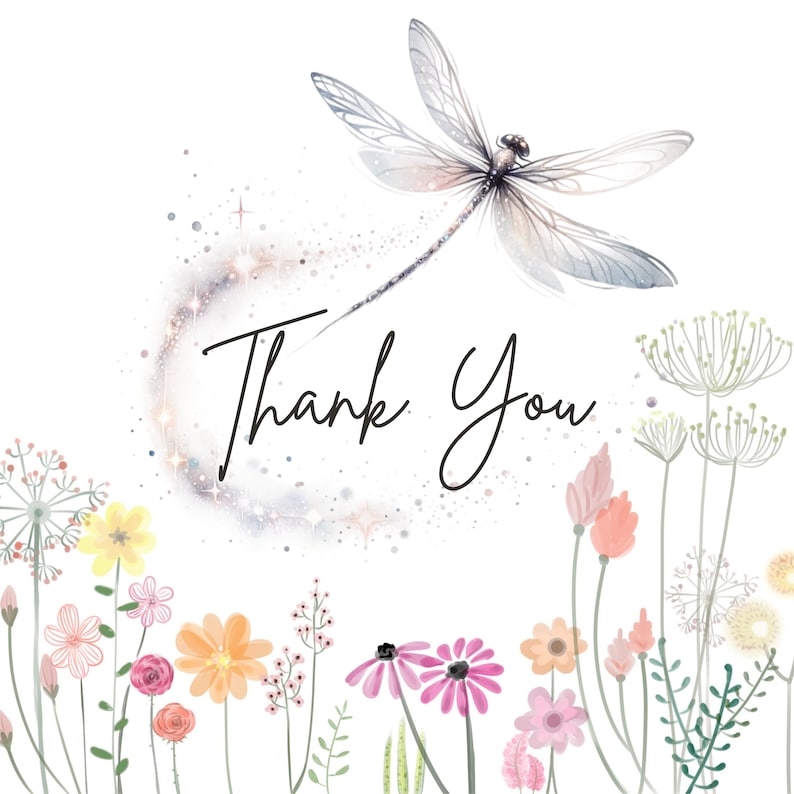 Op de afbeelding: Een aquarel-illustratie van een libel met een sprankelend spoor erachter. De woorden "Bedankt" staan in cursief onder de libel. De afbeelding is omgeven door een rand van aquarelbloemen.