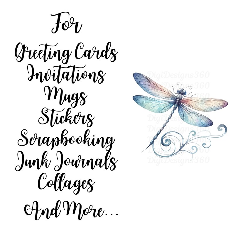 Op de afbeelding: Een digitale illustratie van een libellen met blauwe, paarse en roze vleugels. De libel zit op een stengel met gekrulde ranken. De tekst "For Greeting Cards Invitations Mugs Stickers Scrapbooking Junk Journals Collages And More..." is geschreven in zwart cursief schrift.