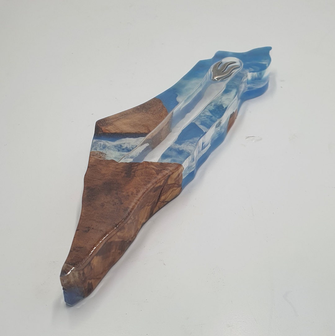 Epoxy Mezuzah With Olive Wood Israel Map Hand Made, Mezuzah Scroll