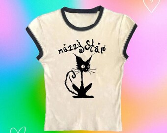 Y2K Mazzy Star Baby Tee, Vintage Pop Top, Gothic Black, Slim Fit, Streetwear, Summer Crop, E-Girl Fashion, 2000s Aesthetic, Kawaii, Gift Her