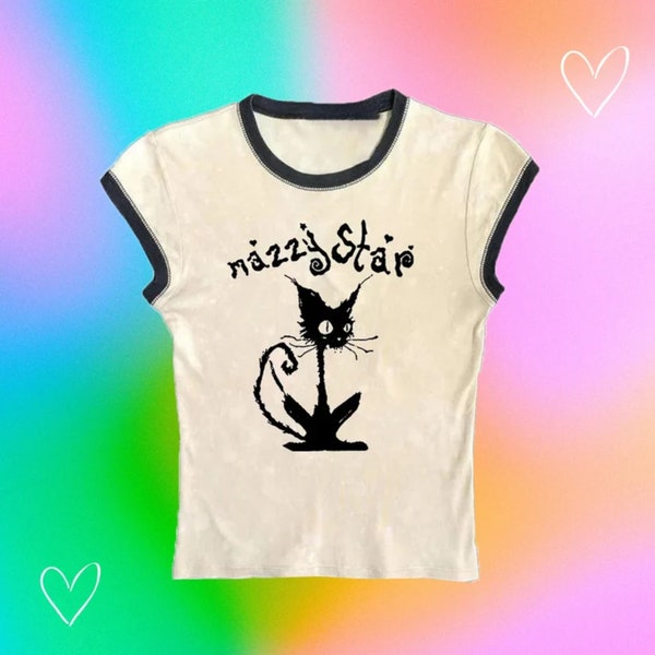 Y2K Mazzy Star Baby Tee, Vintage Pop Top, Gothic Black, Slim Fit, Streetwear, Summer Crop, E-Girl Fashion, 2000s Aesthetic, Kawaii, Gift Her