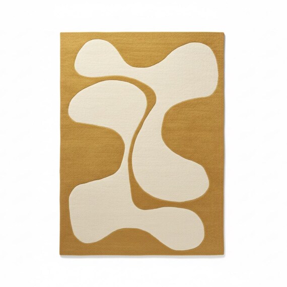 Modern Mustard Yellow Abstract Area Rug | White Organic Shapes Carpet | Hand-Tufted Wool Mat for Mid-Century & Bohemian Decor