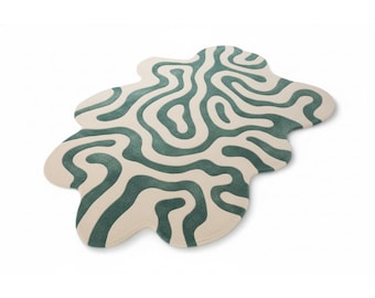 Sculptural Green Flow Area Rug | Abstract Tan & Forest Curvy Lines Carpet | Hand-Tufted Wool Mat for Modern and Organic Decor