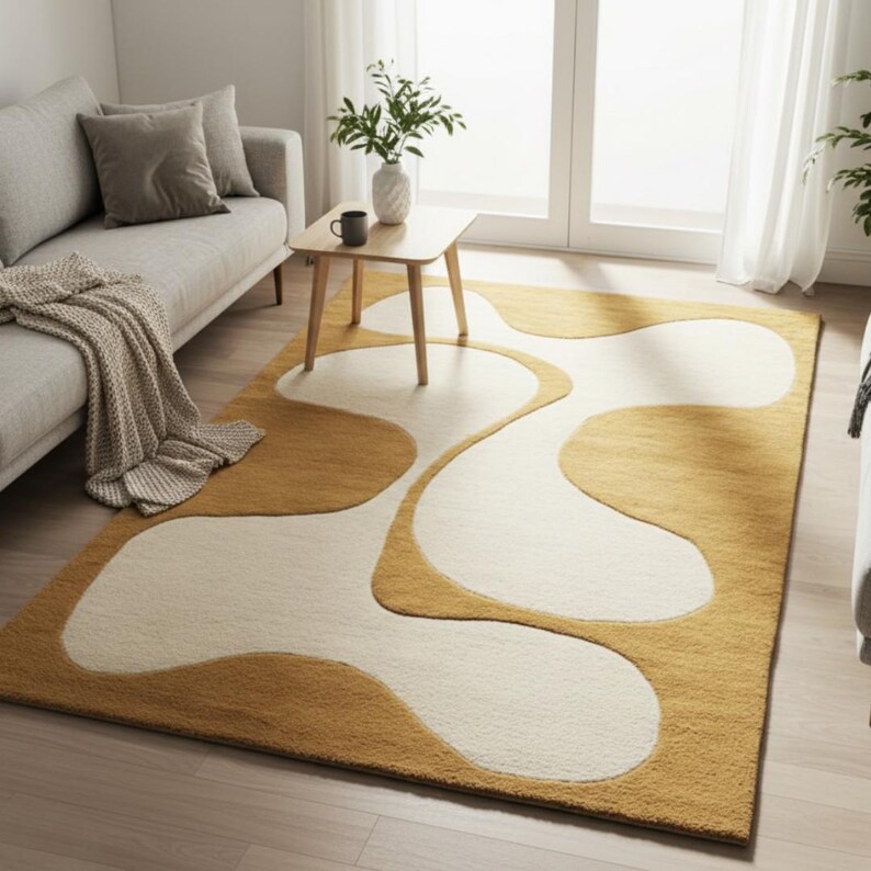 May include: Mustard yellow and cream-colored area rug with an abstract design. The rug features large, flowing shapes in cream against a mustard yellow background. The rug is rectangular and placed on a hardwood floor.