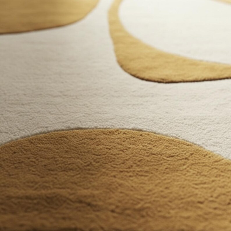 May include: Close-up of a beige and gold area rug. The rug features a textured, looped pile with a pattern of large, abstract shapes in a warm gold color against a neutral beige background. The design creates a soft, inviting aesthetic.