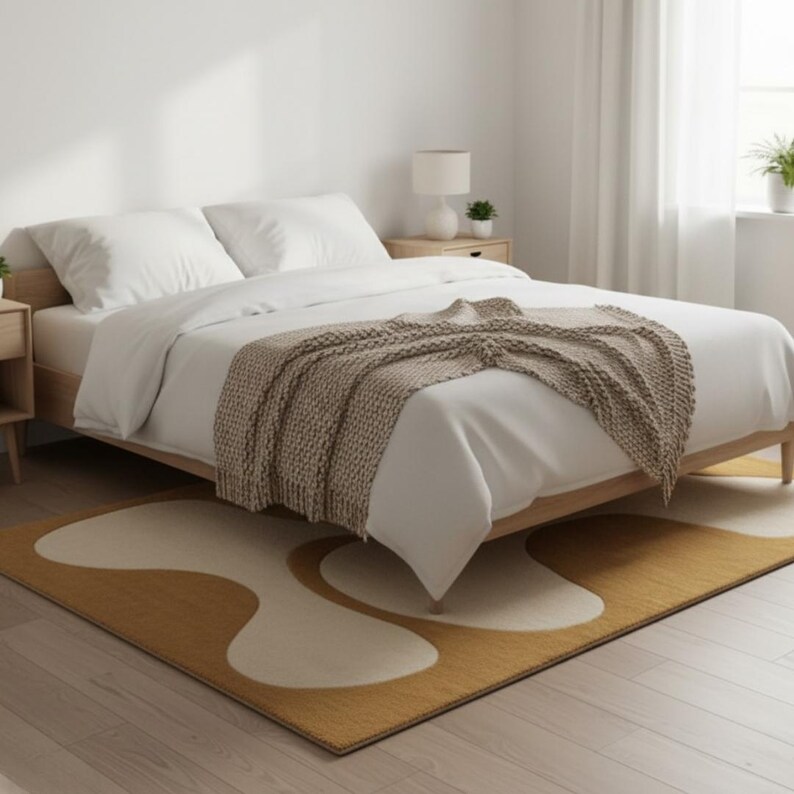 May include: A modern bedroom scene featuring a bed with white linens and a tan knitted throw. A mustard yellow and cream-colored abstract rug sits on the floor. The room has light wood furniture and a white wall.