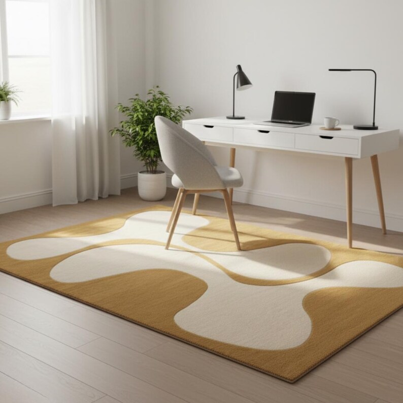 May include: A modern home office setup featuring a white desk with a laptop, two black lamps, and a light gray chair. A mustard yellow and cream-colored abstract rug covers the floor. A potted plant sits near a window.