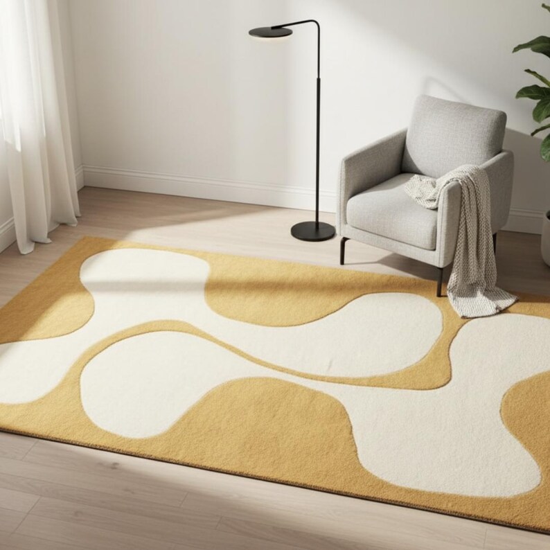 May include: A rectangular area rug with a mustard yellow and cream abstract design. The rug is placed on a light wood floor, with a gray armchair, a black floor lamp, and a plant in the background.