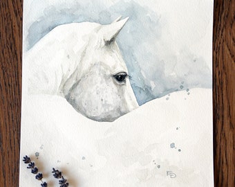 白い馬の水彩画、オリジナルアートワーク、水彩動物アート、馬の絵、馬